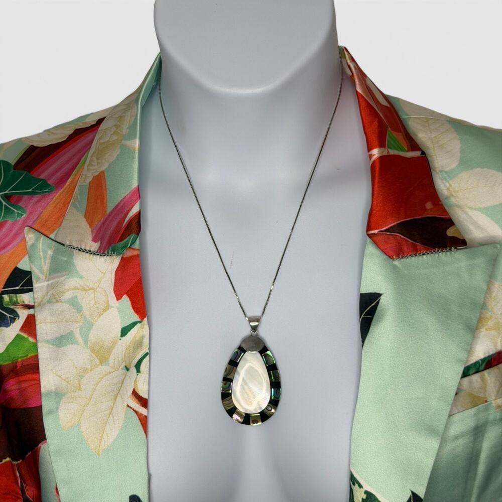 Vintage Lee Sands 925 Sterling Abalone Mother of Pearl Teardrop Pendant Signed